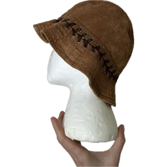 Wilsons Leather Brown Suede Lace-Up Bucket Hat Western Boho Grommet L - Picture 7 of 8